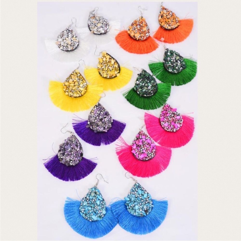 Bohemian Sexy Long 2” Tassel Earrings Rhinestone Druzy Stone Embellished New 🆕